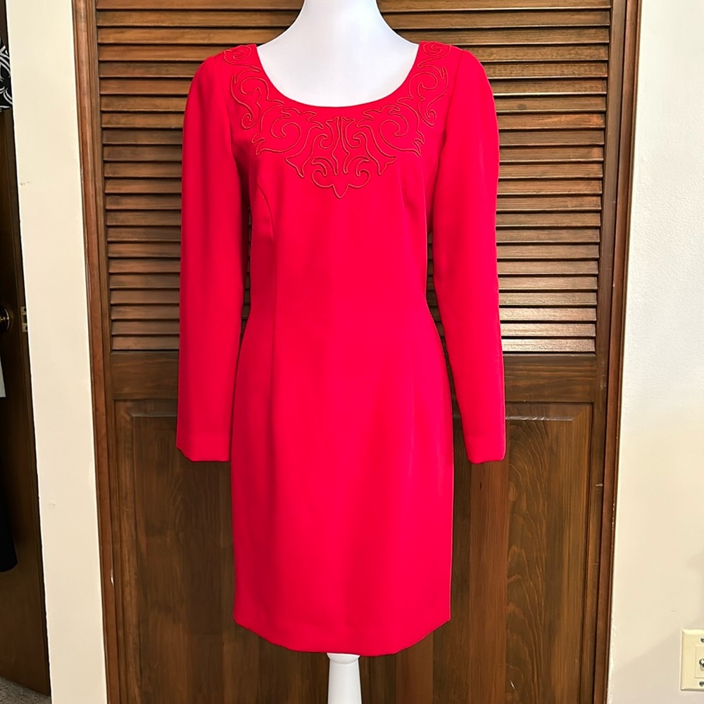 Santa Fe by Jim Tremblay Red Long Sleeve Sheath Vintage Scoop Neck Dress Size 8